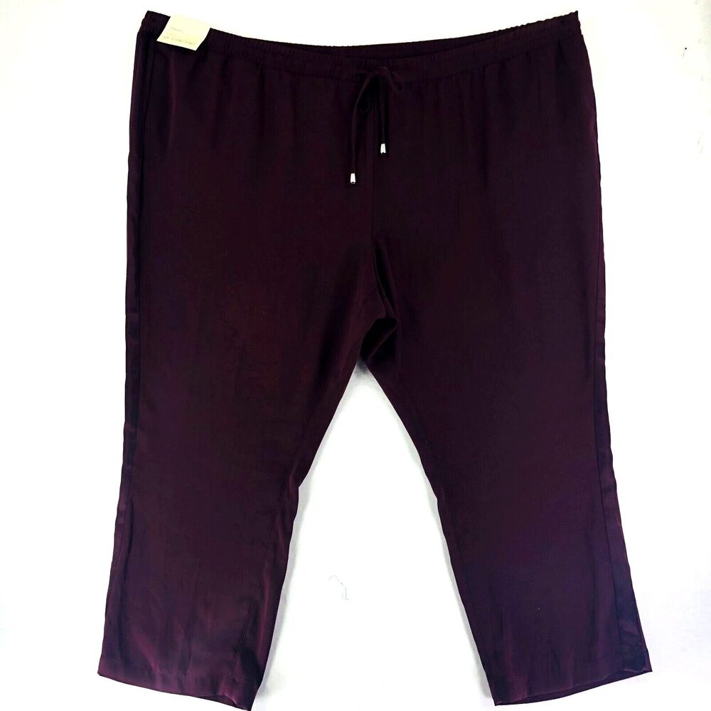 A New Day Pants Slacks Women's Plus 4X Burgandy Jogger Cropped Satin Tie Waist